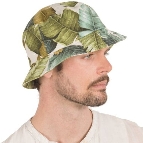 Barkcloth vintage palm print bucket hat with UPF50+ Sun Protection-Made in Canada by Puffin Gear-Tropical Breeze