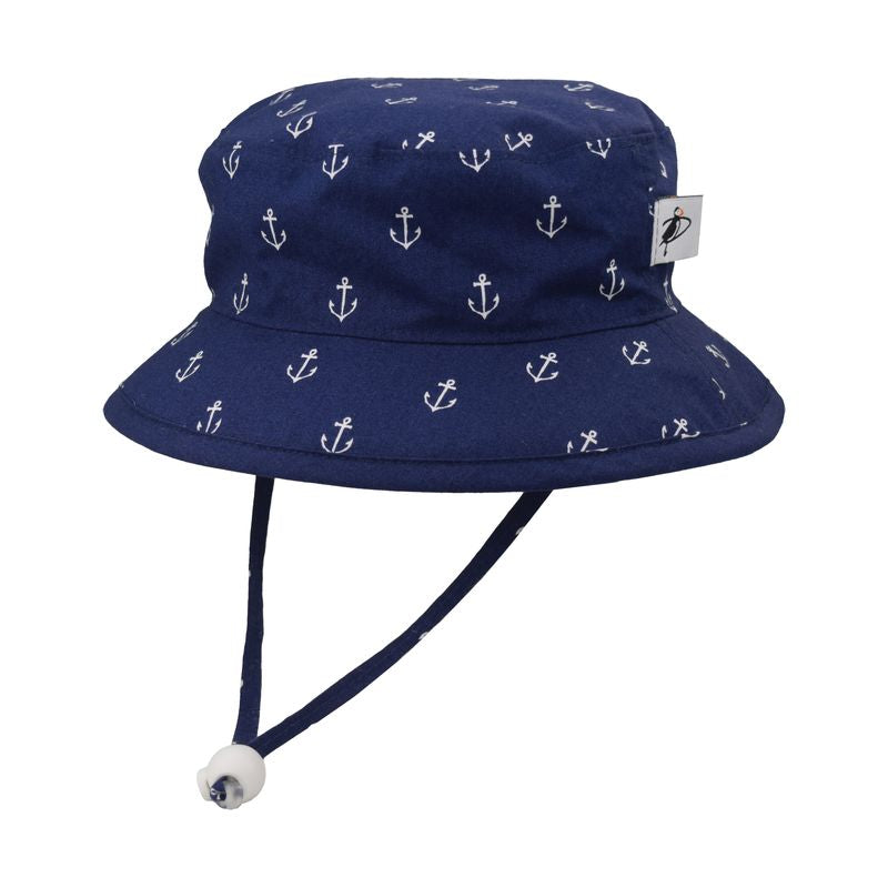 Child Camp Sun Hat-Upf50+ Excellent Sun Protection-Chin Tie  with Adjustable Cord Lock-Made in Canada-Navy with White Anchors