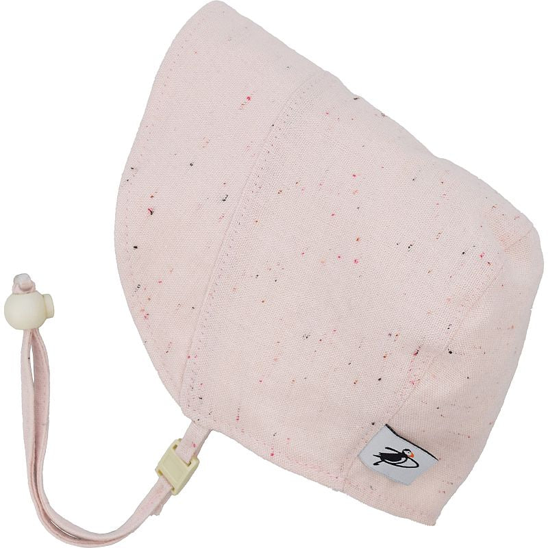 Toddler and Infant Fall bonnet-Linen Canvas with micro fleece lining for cozy warmth.  Pretty strawberry ice cream with sprinkles linen.  Made in Canada by Puffin Gear-Strawberry Sprinkle