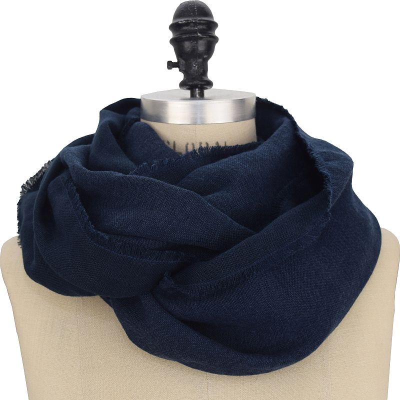 Linen Wool Double Gauze Fringed Fall Scarf, Beautiful texture and colour.  Warm Dress Scarf-Made in Canada by Puffin Gear-Navy