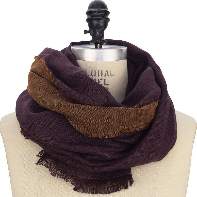 Linen Wool Double Gauze Fringed Fall Scarf, Beautiful texture and colour.  Warm Dress Scarf-Made in Canada by Puffin Gear-Aubergine