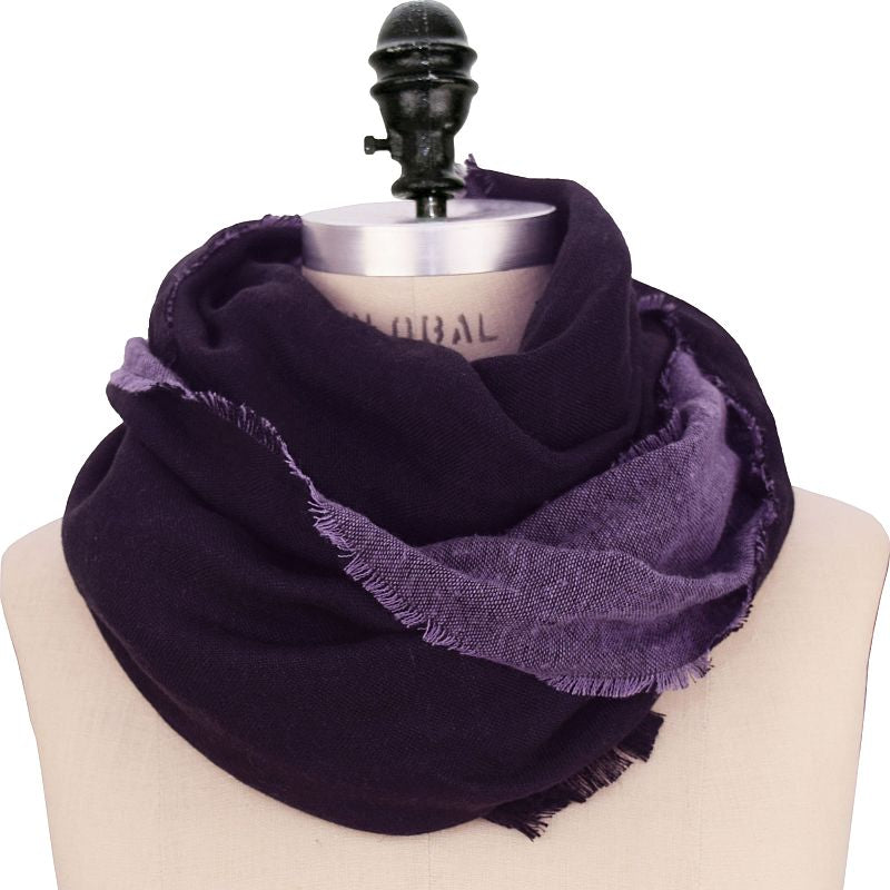 Linen Wool Double Gauze Fringed Fall Scarf, Beautiful texture and colour.  Warm Dress Scarf-Made in Canada by Puffin Gear-Black Plum