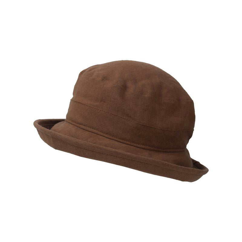 patio linen summer bowler hat with 3 inch brim and upf50+ sun protection rating-made in canada by puffin gear-colour bark-brown hat