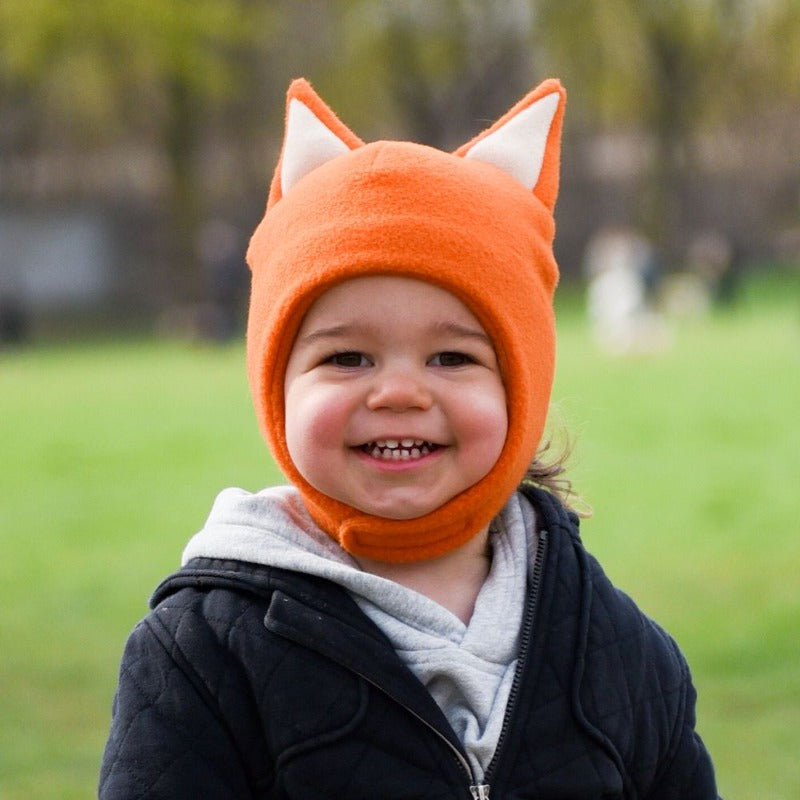 polartec classic 200 fleece toddler and child fox hat. chinwrap closure keeps the wind out and hat in place-machine washable-cold weather play-made in canada by puffin gear
