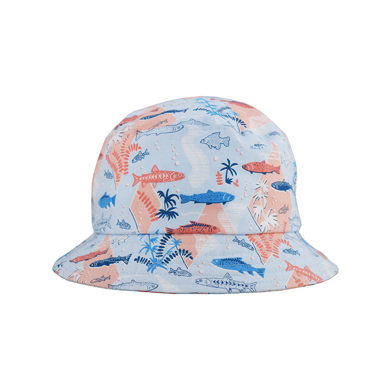 Retro Hawaiian shirt print bucket hat perfect for spring break on a beach, upf 50 sun protection-made in canada by puffin gear - blue sun hat