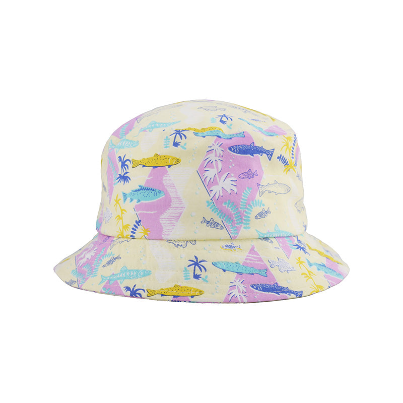 get ready for spring break in a retro Hawaiian shirt print, upf50 excellent sun protection-made in canada by puffin gear-lemon yellow sun hat