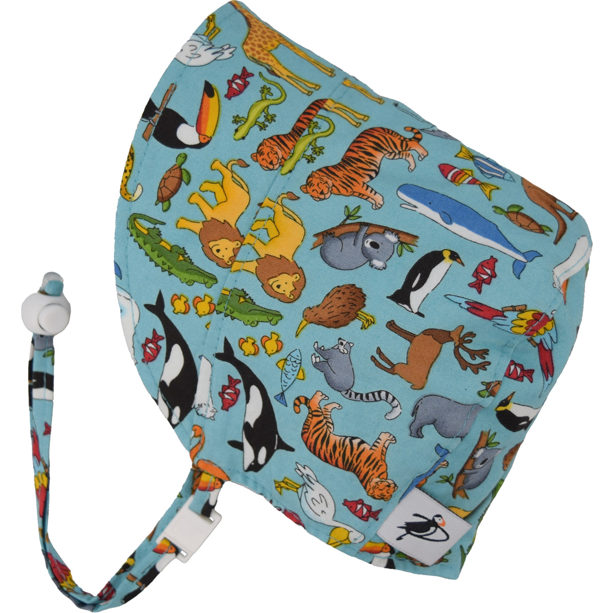 Infant and Toddler Sun Protection  Summer Bonnets with UPF50 Sun Protection. A chin tie with toggle and break away clip keep bonnet safely on head. Made in Canada by Puffin Gear -All the Animals Print