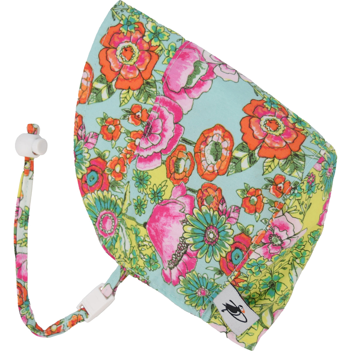 Infant and Toddler Sun Protection  Summer Bonnets with UPF50 Sun Protection. A chin tie with toggle and break away clip keep bonnet safely on head. Made in Canada by Puffin Gear -Cutting Garden Vivid Floral Print