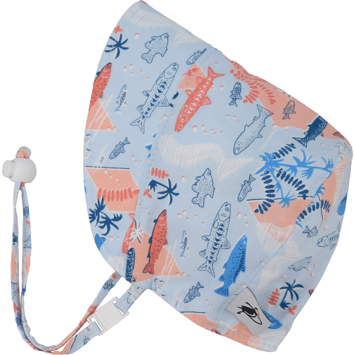 Infant and Toddler Sun Protection  Summer Bonnets with UPF50 Sun Protection. A chin tie with toggle and break away clip keep bonnet safely on head. Made in Canada by Puffin Gear -Vintage Hawaiian Shirt Snorkel Print in Blue and Coral