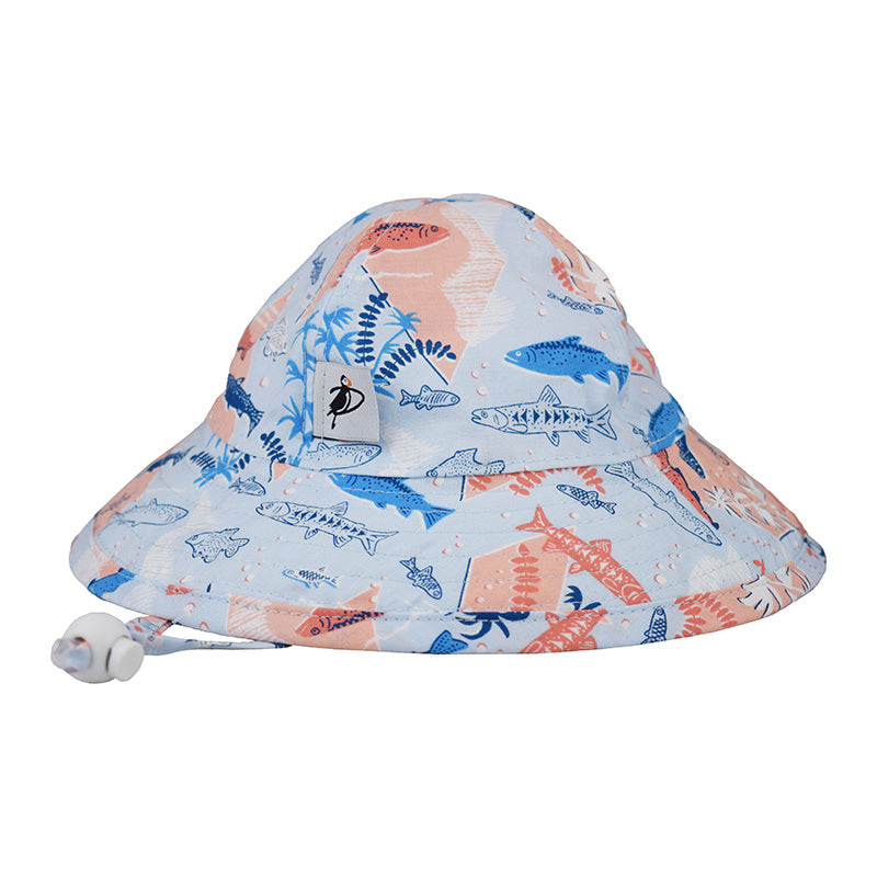 Infant Brimmed Sun Hat with Chin tie and safety breakaway clip-UPF50 sun protection-Made in Canada by Puffin Gear-Hawaiian Vintage Shirt Print Snorkle in Blue