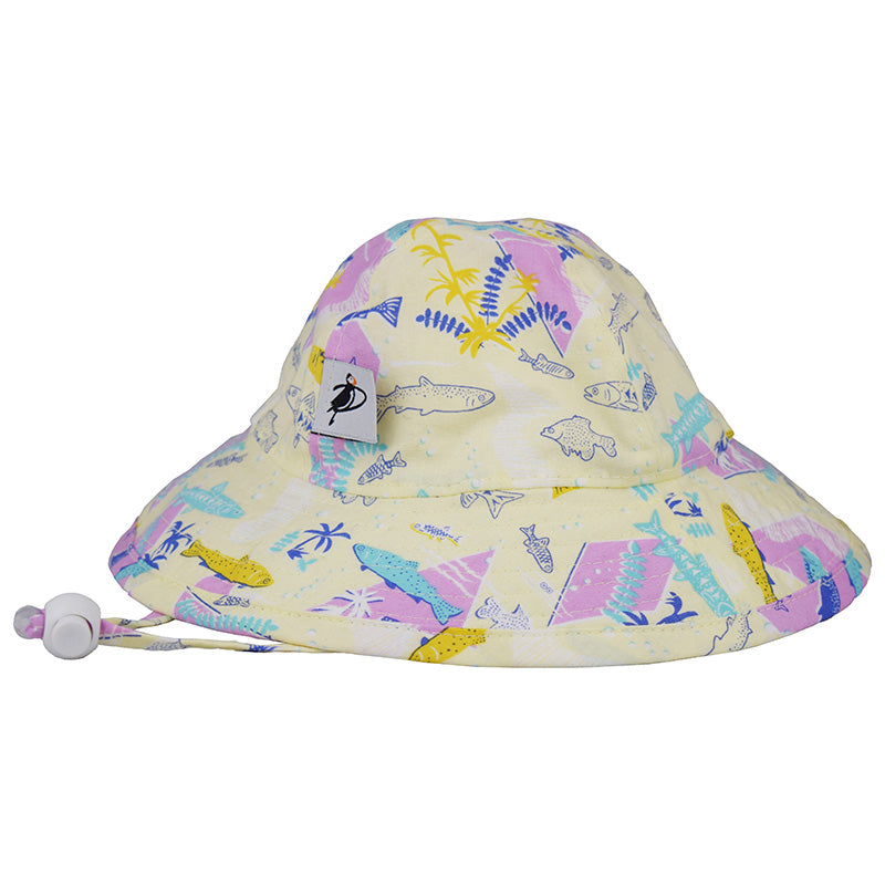 Infant Brimmed Sun Hat with Chin tie and safety breakaway clip-UPF50 sun protection-Made in Canada by Puffin Gear-Hawaiian Vintage Shirt Print Snorkle in Yellow