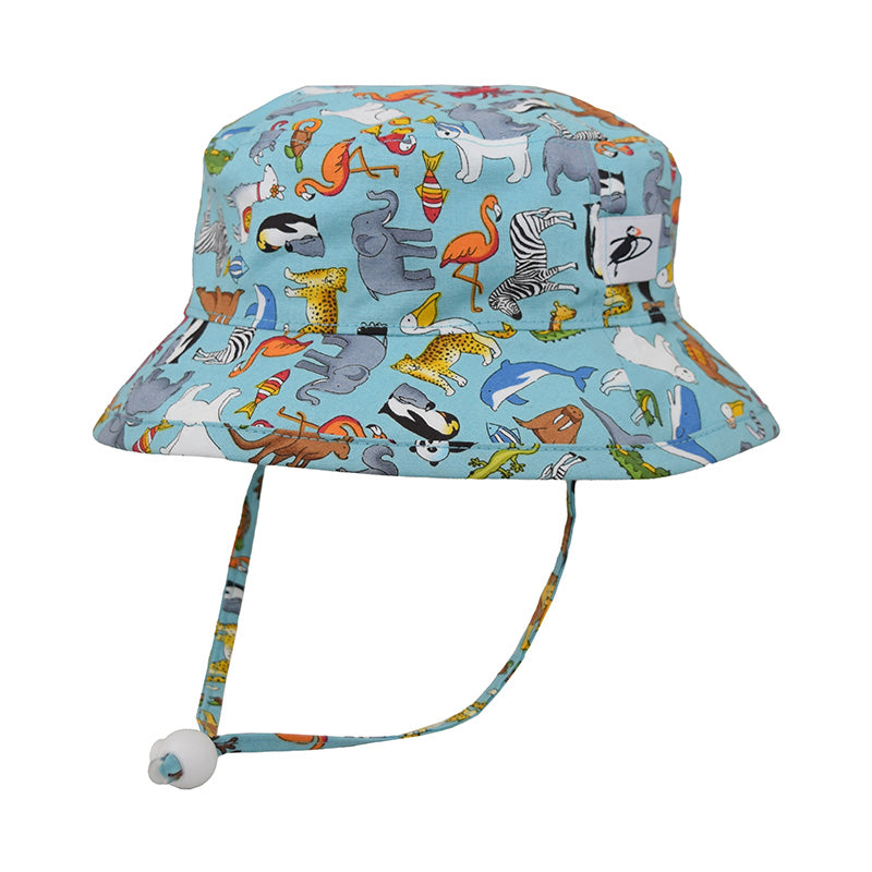 Child Camp Sun Hat-Upf50+ Excellent Sun Protection-Chin Tie  with Adjustable Cord Lock-Made in Canada-All the Animals Cotton Print