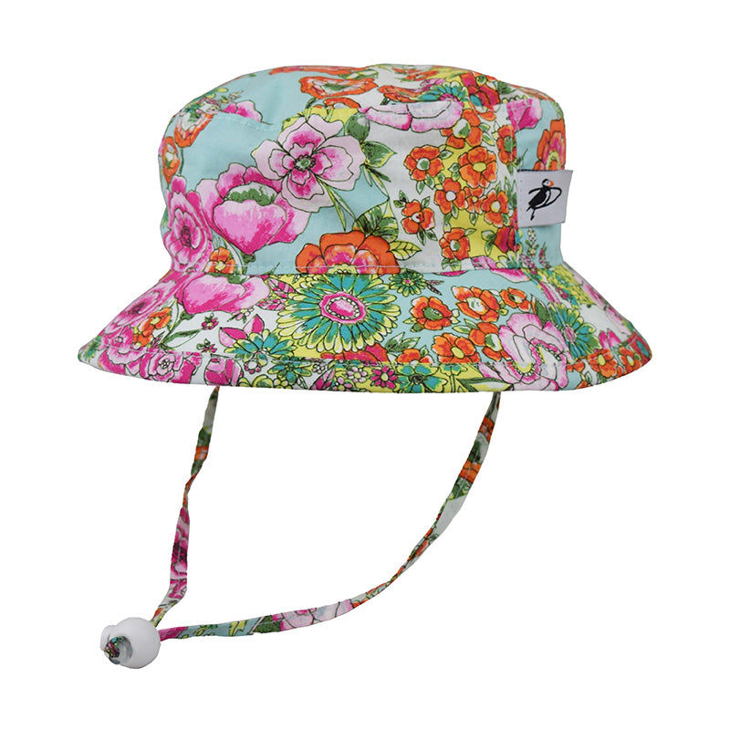 Child Camp Sun Hat-Upf50+ Excellent Sun Protection-Chin Tie  with Adjustable Cord Lock-Made in Canada-Cutting Garden Bright Floral Print