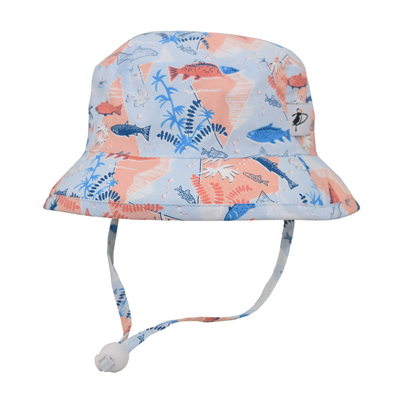 Child Camp Sun Hat-Upf50+ Excellent Sun Protection-Chin Tie  with Adjustable Cord Lock-Made in Canada-Blue Snorkel Cotton Print