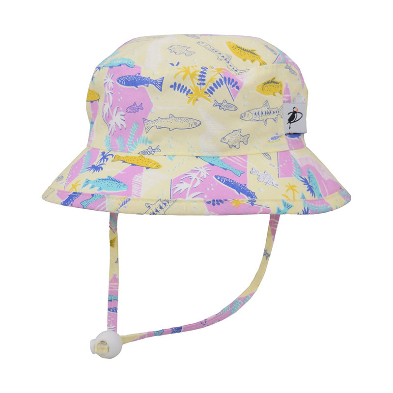 Child Camp Sun Hat-Upf50+ Excellent Sun Protection-Chin Tie  with Adjustable Cord Lock-Made in Canada-Hawaiian Vibe Yellow Snorkel Print