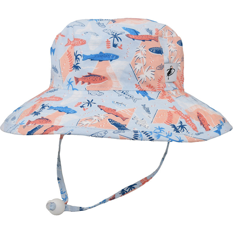 Puffin Gear Wide Brim Sunbaby Sun Hat with Chin Tie-UPF50+ Sun Protection-Made in Canada-Hawaiian Beach Shirt Vintage Print-Blue Snorkel