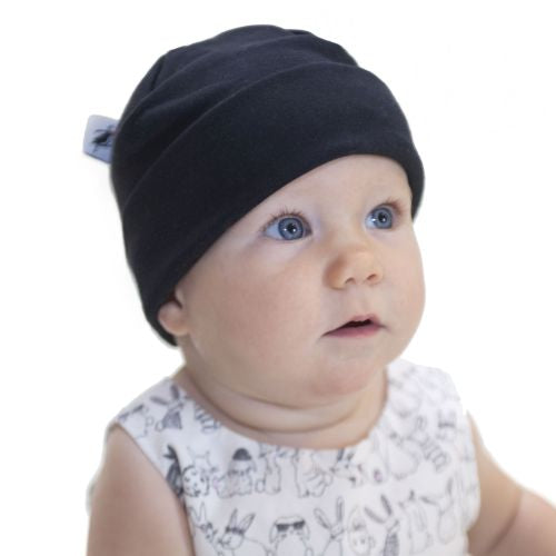Preemie, Infant and Toddler Organic Cotton Beanie Perfect for cooler days.  Beanie and Fabric Made in Canada-Wear it cuffed or slouchy-Black Toddler Beanie