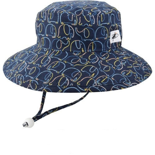 wide brim kids sun hat in navy with elephant print