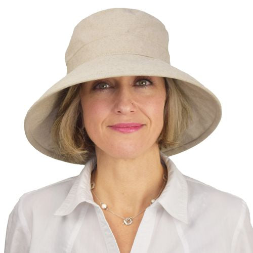 Clothesline Linen 4 inch wide brim garden hat with UPF50 Excellent Sun Protection-rugged hat for gardening, hiking or just hanging out, available in 19 colours for co-ordination with any outfit, packs flat for travel, made in canada by puffin gear-shown in colour natural