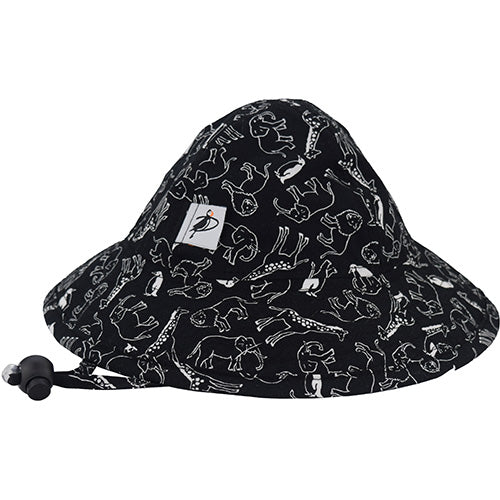 Infant Brimmed Sun Hat with Chin tie and safety breakaway clip-UPF50 sun protection-Made in Canada by Puffin Gear-Wild Animal print-white line drawings on black backgourn