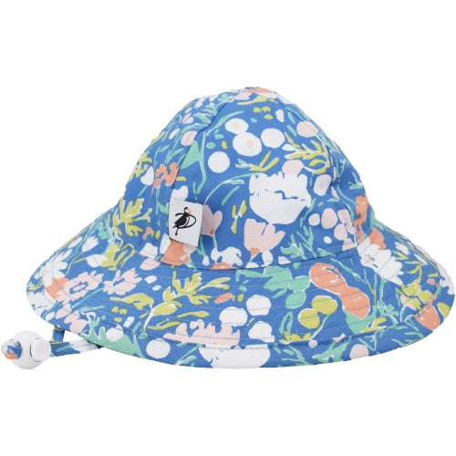 infant sun hat with chin tie-organic cotton - flower bed cotton print - canada