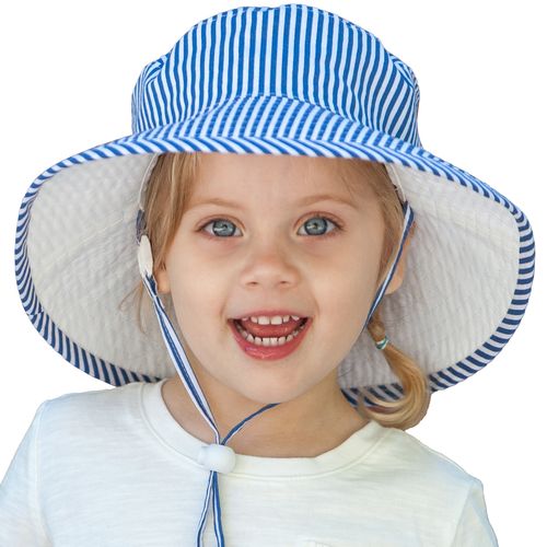 Puffin Gear Wide Brim Sunbaby Sun Hat with Chin Tie-UPF50+ Sun Protection-Made in Canada-Blue Stripe
