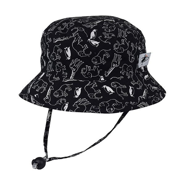 Child Camp Sun Hat-Upf50+ Excellent Sun Protection-Chin Tie  with Adjustable Cord Lock-Made in Canada-Wild Animals-Black Hat