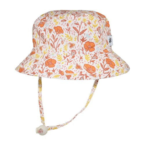 Kids Organic Cotton Camp Hat with Chin Tie, Safety Break Away Cilip and Cordlock-Rated UPF50+ Orange and Gold Pollinator Garden Print