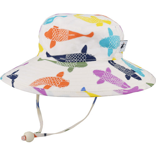 Organic Cotton Child Wide Brim Sunbaby Hat with Chin Tie, Cord Lock-Rated UPF50+-Made in Canada by Puffin Gear-Koi Pond