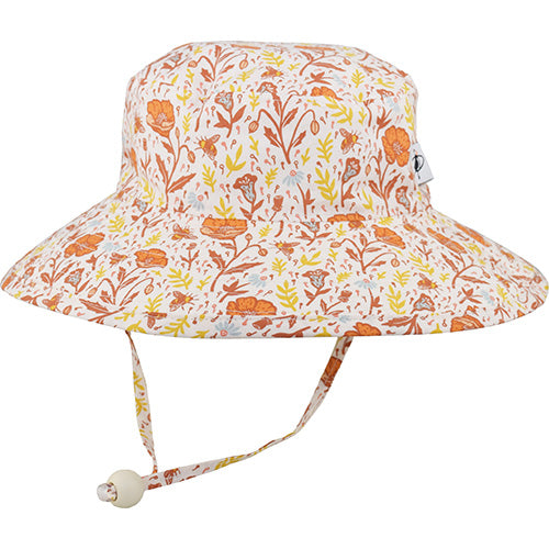 Organic Cotton Child Wide Brim Sunbaby Hat with Chin Tie, Cord Lock-Rated UPF50+-Made in Canada by Puffin Gear-Pollinator Garden