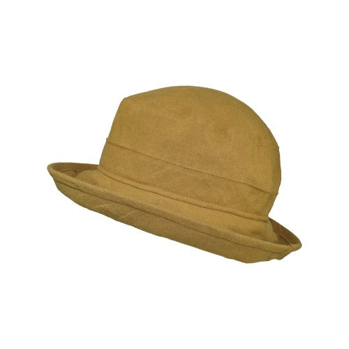Patio Linen Bowler with 3 inch brim, UPF50 Sun Protection, Linen has rich texture and patina-Made in Canada-dijon gold colour hat