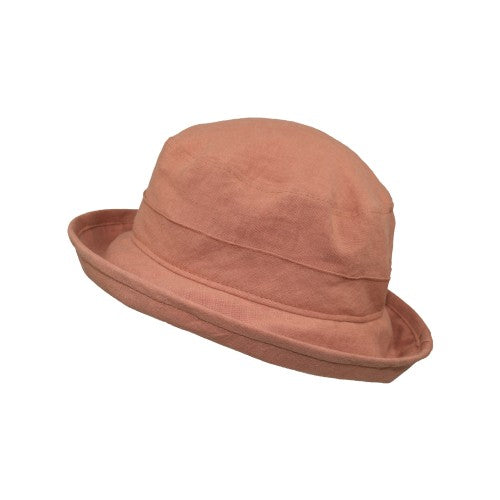 Patio Linen Bowler with 3 inch brim, UPF50 Sun Protection, Linen has rich texture and patina-Made in Canada-Salmon Colour Hat