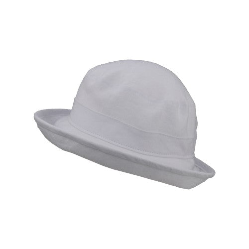 Patio Linen Bowler with 3 inch brim, UPF50 Sun Protection, Linen has rich texture and patina-Made in Canada-White Hat