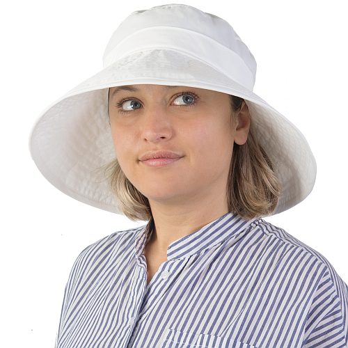 Solar nylon wide brim classic summer hat with built in UPF50 sun protection that won't wear off.   wide brim provides full coverage of face-made in canada by puffin gear-white