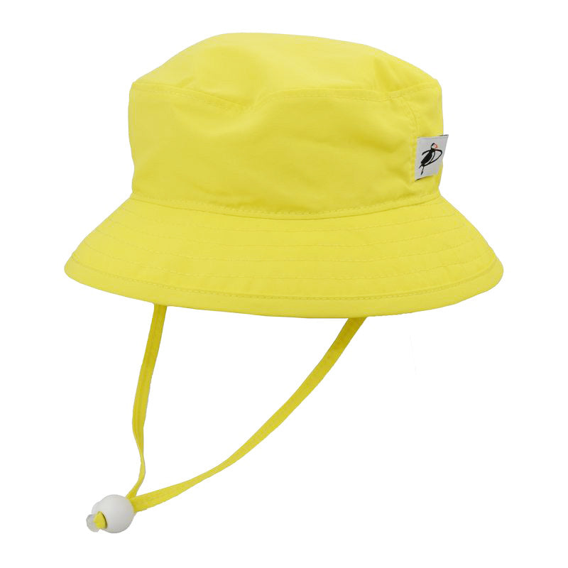 yellow solar nylon kids camp hat with UPF50 sun protection rating, chin tie has toggle and safety breakaway clip, made in canada by puffin gear, quick dry perfect for a day at beach