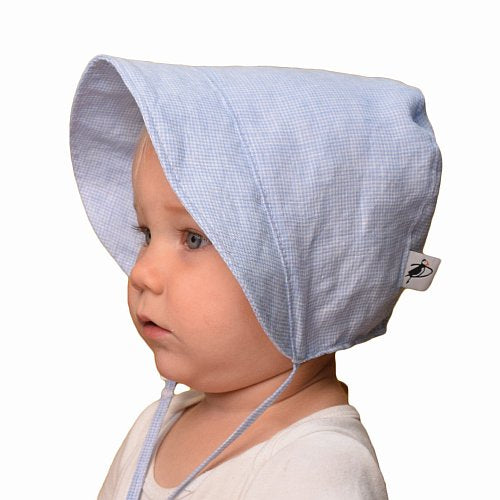 Puffin Gear Linen Infant and Toddler Bonnet-UPF50 Sun Protection-Made in Canada-Sky Blue Check