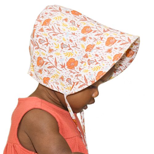 Organic Cotton  Infant Bonnet, Toddler Bonnet- Beautiful  Pollinator Garden Print, Chin Tie with cordlock for easy adjustment keeps bonnet in place-tested and rated UPF50 Excellent Sun Protection-Baby sun Hat-Sustainably Made in Canada by Puffin Gear