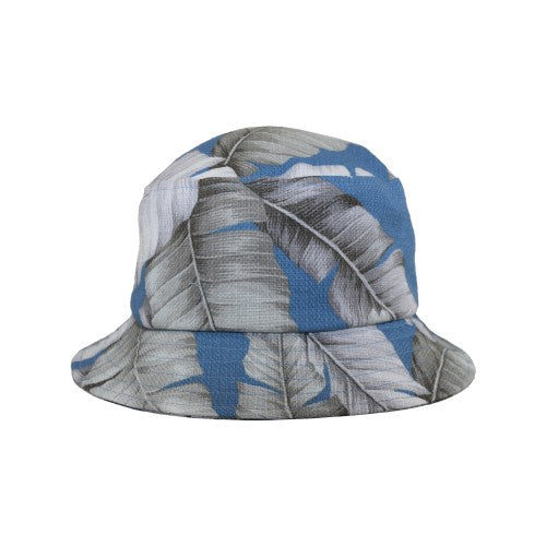Vintage Japanese Barkcloth Palm Print Bucket Hat- Linen/cotton blend-perfect for days at the beach, chillin&#39; at a tikiki bar-tested and rated UPF50+ sun protection blocking at least 98% UVA and UVB broad spectrum radiaion.-safely enjoy the sun-made in canada by puffin gear-ocean breeze