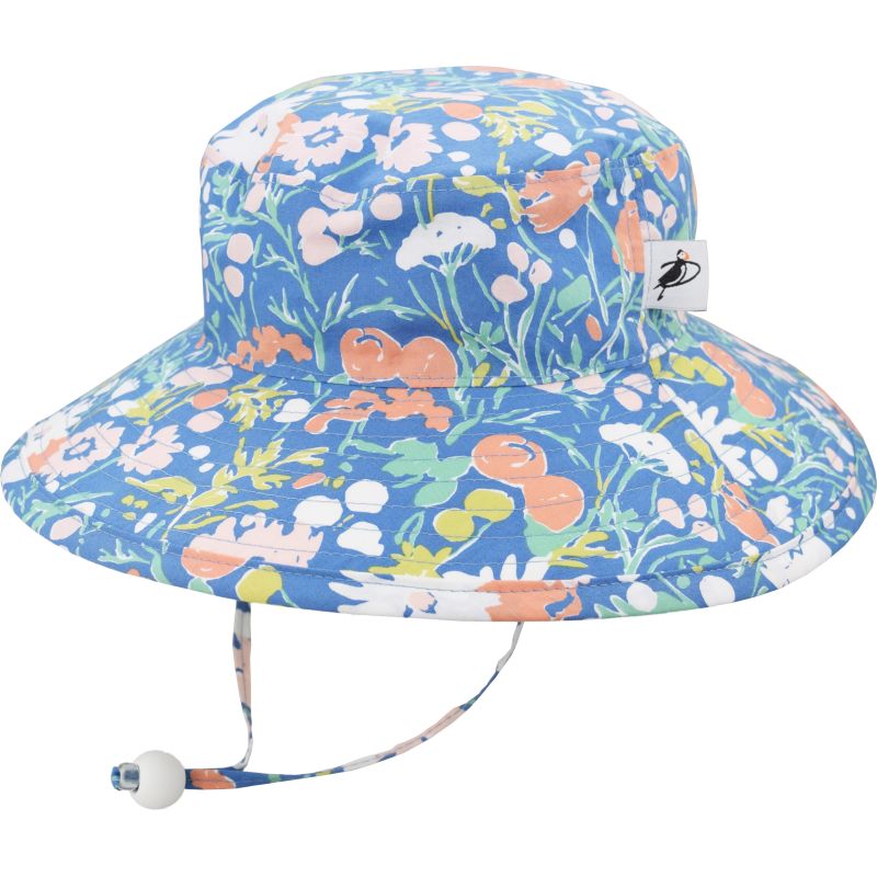 organic cotton kids sun hat with chin tie-machine washable blue floral print-made in canada