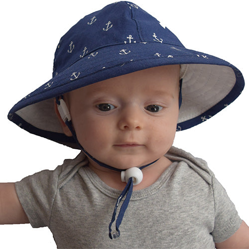 Infant Brimmed Sun Hat with Chin tie and safety breakaway clip-UPF50 sun protection-Made in Canada by Puffin Gear-Classic Anchor print